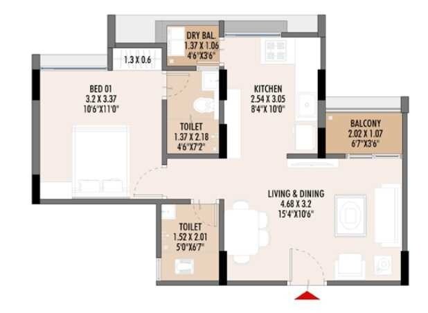 Floor plan of 1 BHK 517 Sq. Ft. Apartment in Vizion Bliss, Pune