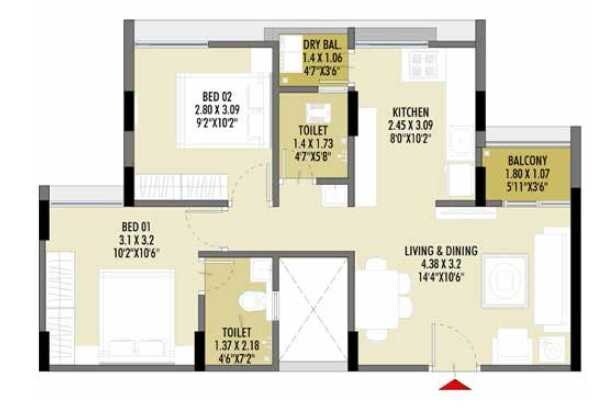 Floor plan of 2 BHK 594 Sq. Ft. Apartment in Vizion Bliss, Pune