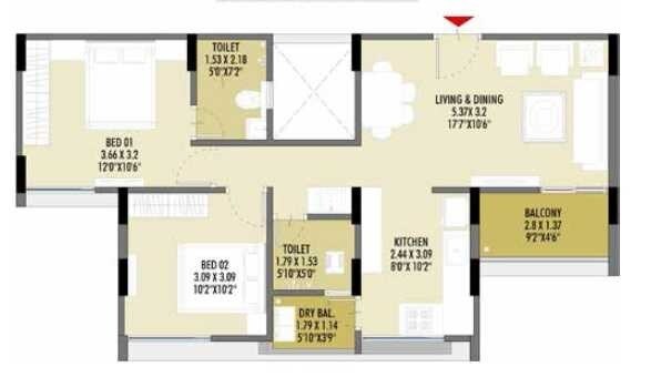 Floor plan of 2 BHK 703 Sq. Ft. Apartment in Vizion Bliss, Pune