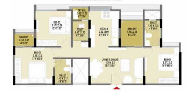Floor plan of 3 BHK 841 Sq. Ft. Apartment in Vizion Bliss, Pune