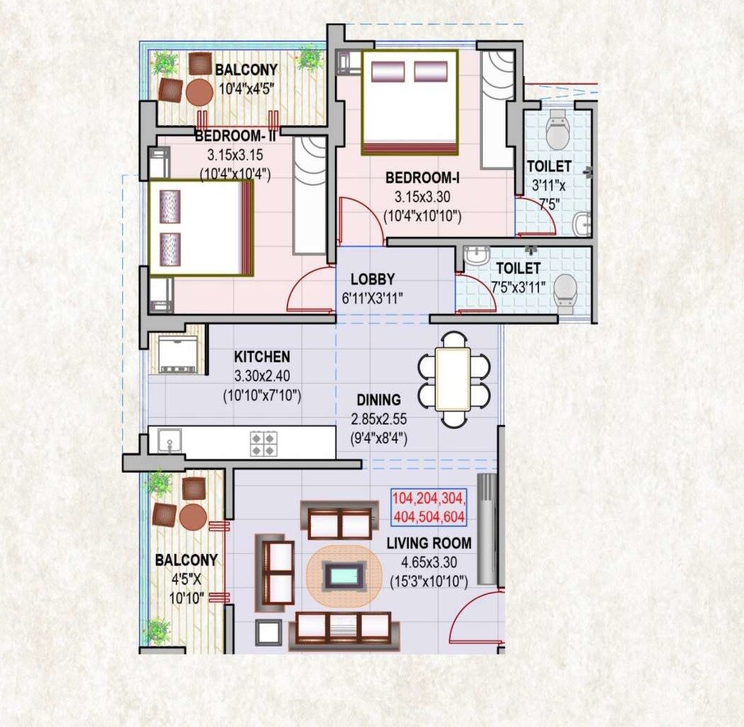 Floor plan of 2 BHK 739 Sq. Ft. Apartment in VLD Heritage, Pune