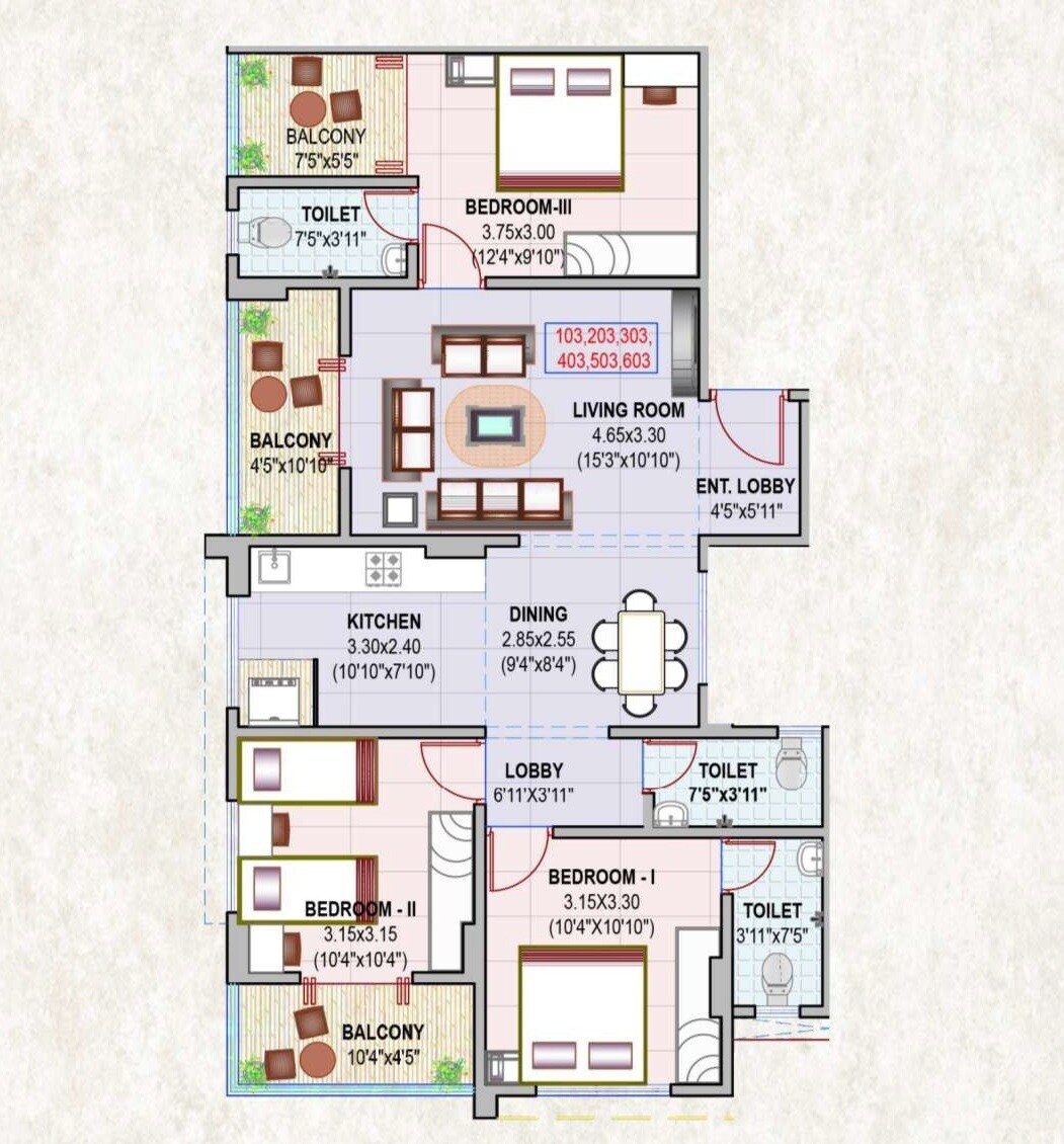 Floor plan of 3 BHK 810 Sq. Ft. Apartment in VLD Heritage, Pune