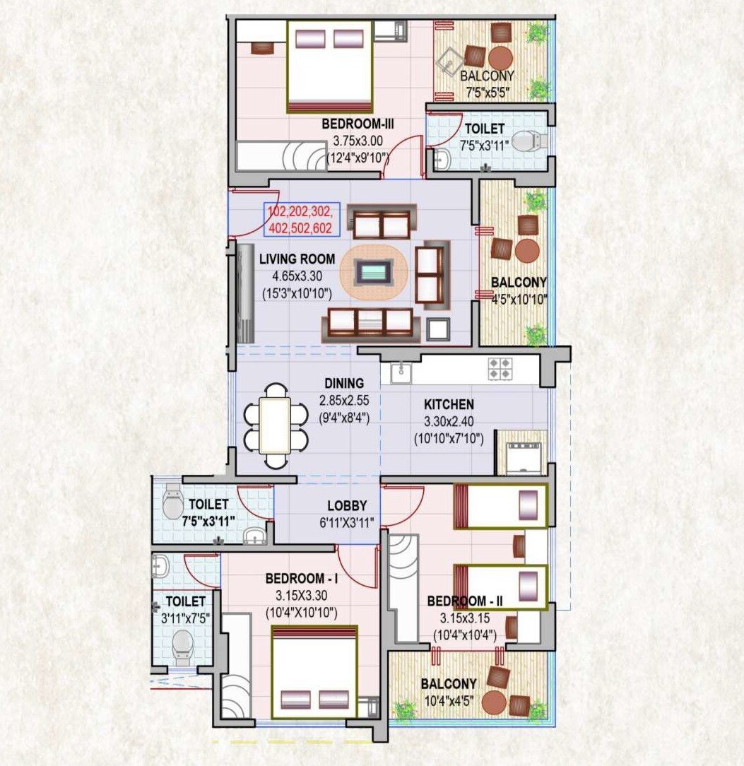 Floor plan of 3 BHK 900 Sq. Ft. Apartment in VLD Heritage, Pune