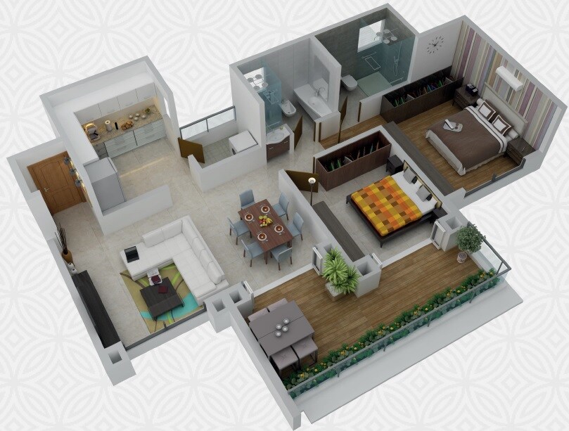 Floor plan of 2 BHK 693 Sq. Ft. Apartment in Voski Emerald, Pune