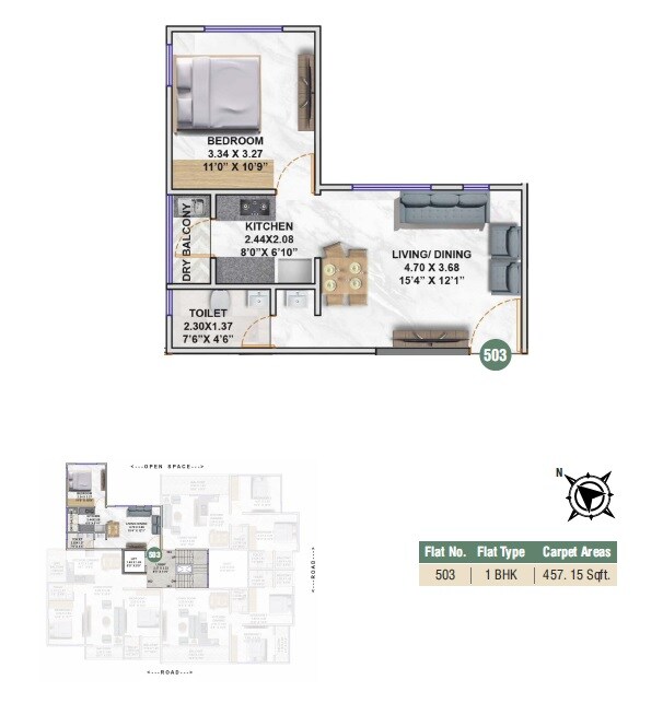 Floor plan of 1 BHK 457 Sq. Ft. Apartment in VRB Shri Swaranjali, Pune