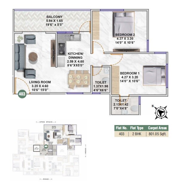 Floor plan of 2 BHK 801 Sq. Ft. Apartment in VRB Shri Swaranjali, Pune