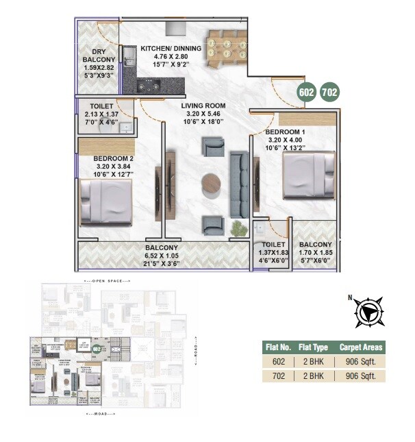 Floor plan of 2 BHK 906 Sq. Ft. Apartment in VRB Shri Swaranjali, Pune