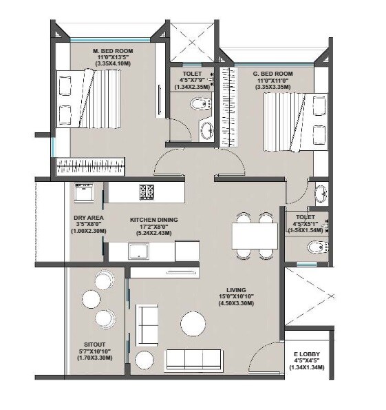 Floor plan of 2 BHK 810 Sq. Ft. Apartment in Vriddhi Nu Era, Pune