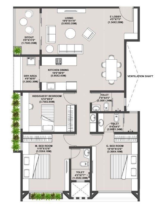 Floor plan of 3 BHK 1113 Sq. Ft. Apartment in Vriddhi Nu Era, Pune