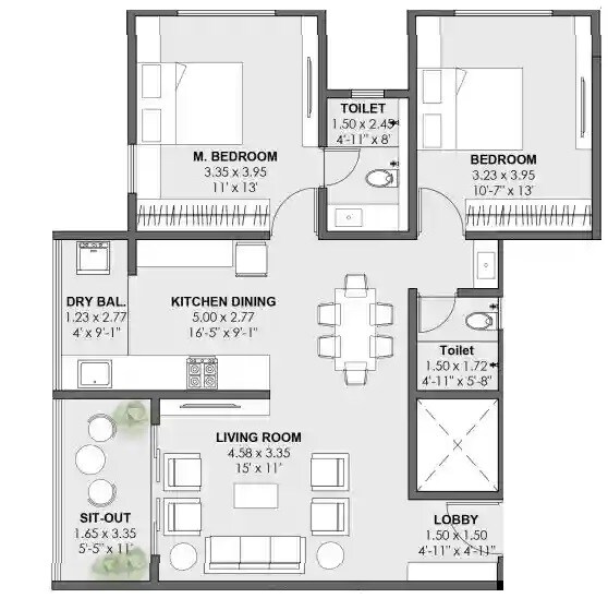 Floor plan of 2 BHK 587 Sq. Ft. Apartment in Vriddhi Padma Madhav, Pune