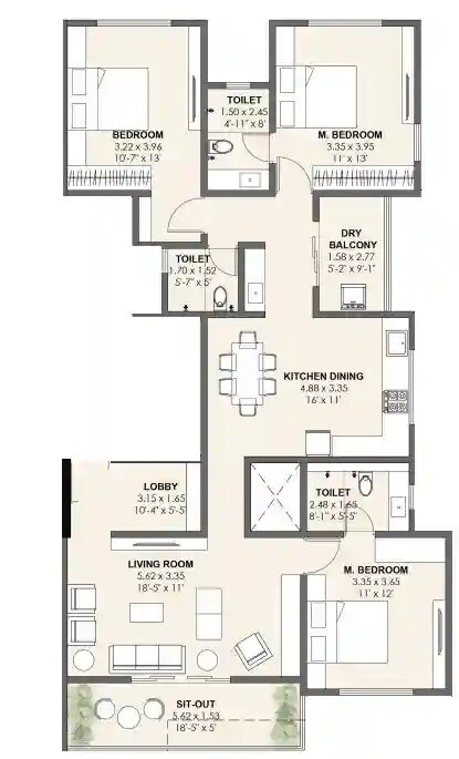 Floor plan of 3 BHK 1147 Sq. Ft. Apartment in Vriddhi Padma Madhav, Pune