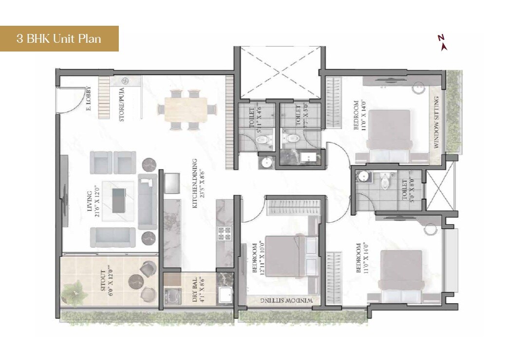 Floor plan of 3 BHK 1235 Sq. Ft. Apartment in Vriddhi Satlaj, Pune