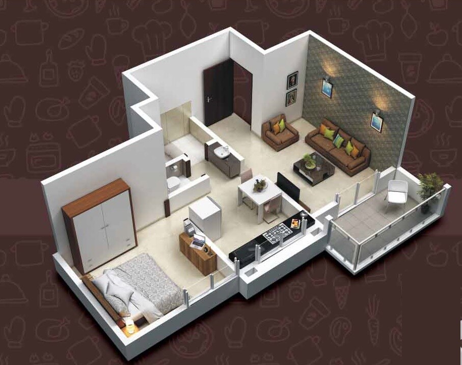 Floor plan of 1 BHK 407 Sq. Ft. Apartment in Vrindavan Barsana Dham, Pune