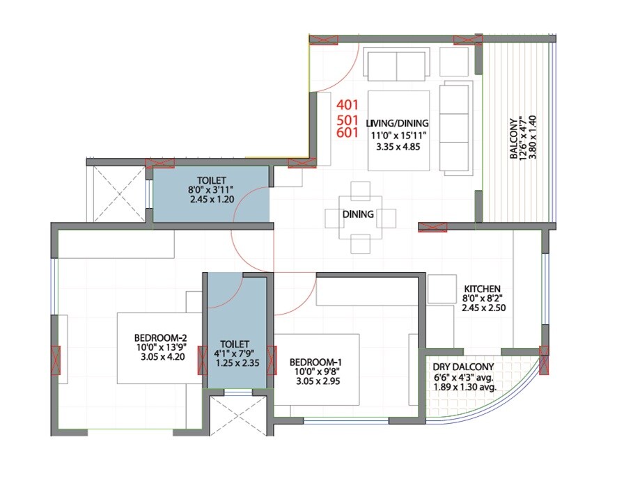 Floor plan of 2 BHK 672 Sq. Ft. Apartment in Vruksha Residences, Pune