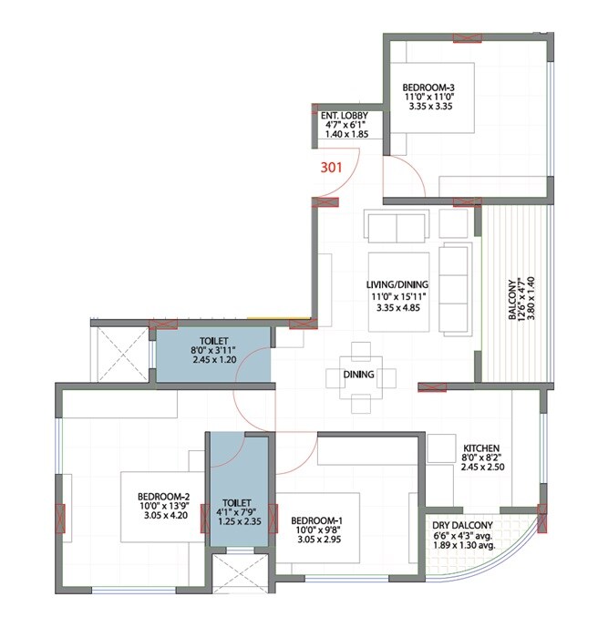 Floor plan of 3 BHK 830 Sq. Ft. Apartment in Vruksha Residences, Pune