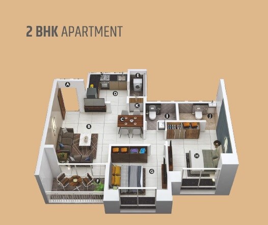Floor plan of 2 BHK 779 Sq. Ft. Apartment in Vrunda Shlok, Pune