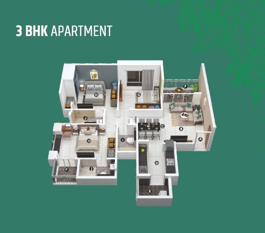 Floor plan of 3 BHK 1022 Sq. Ft. Apartment in Vrunda Shlok, Pune