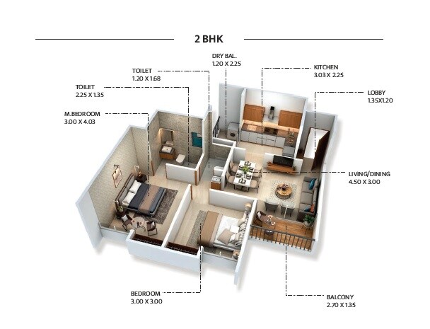 Floor plan of 2 BHK 653 Sq. Ft. Apartment in VS Laxmi Vihar, Pune