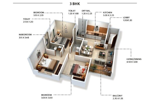 Floor plan of 3 BHK 740 Sq. Ft. Apartment in VS Laxmi Vihar, Pune