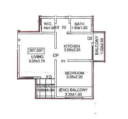 Floor plan of 1 BHK 420 Sq. Ft. Apartment in VTB Om Sai Avenue, Pune
