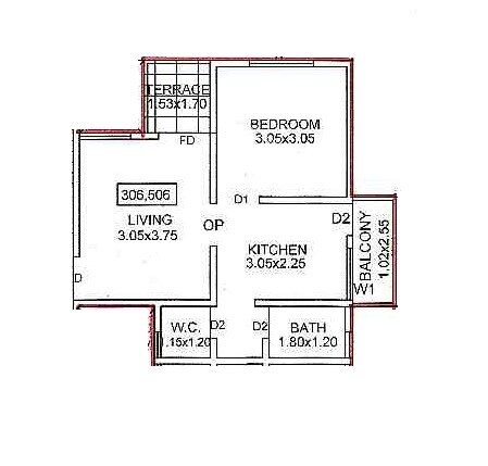 Floor plan of 1 BHK 466 Sq. Ft. Apartment in VTB Om Sai Avenue, Pune