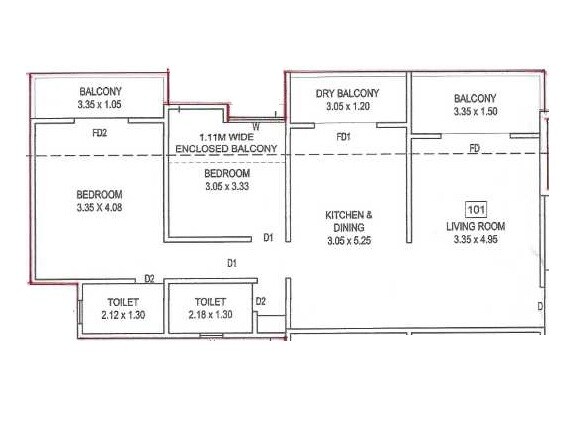 Floor plan of 2 BHK 670 Sq. Ft. Apartment in VTB Om Sai Avenue, Pune
