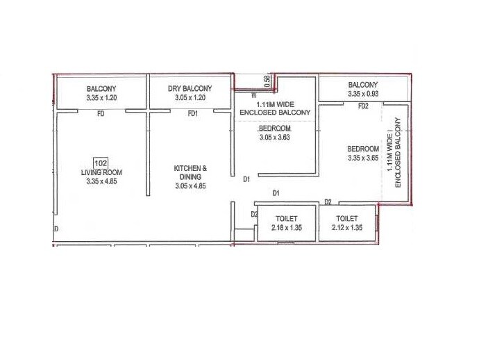 Floor plan of 2 BHK 836 Sq. Ft. Apartment in VTB Om Sai Avenue, Pune