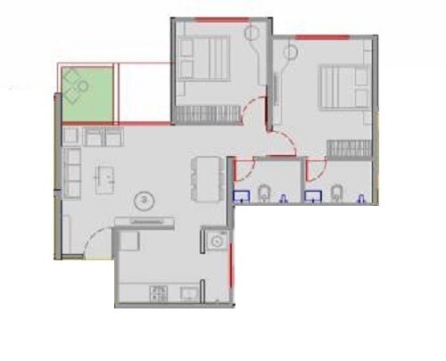 Floor plan of 2 BHK 734 Sq. Ft. Apartment in VTP Aethereus, Pune