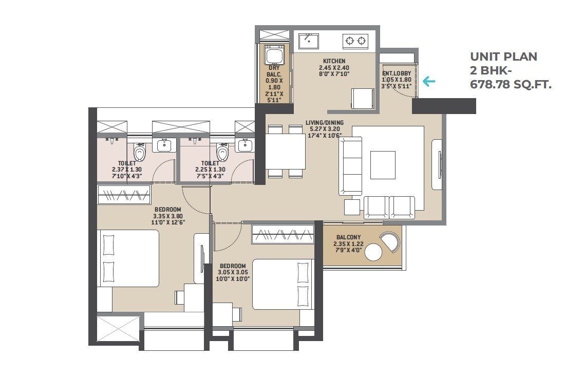 2 BHK 679 Sq. Ft. Apartment