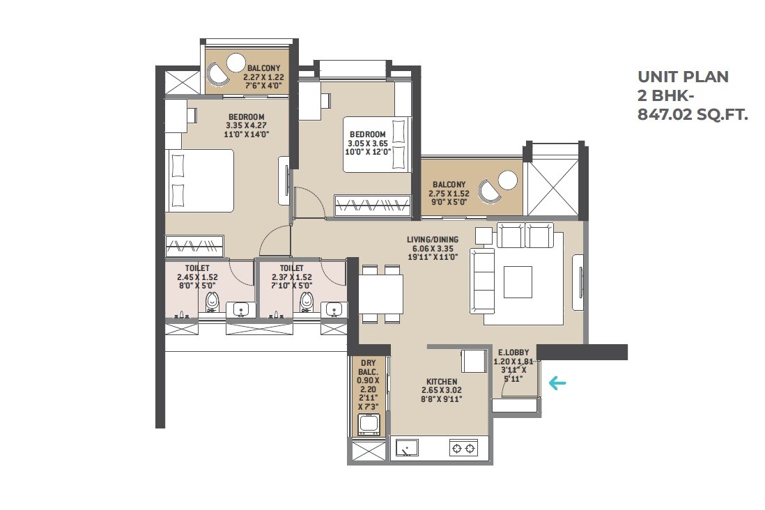 2 BHK 847 Sq. Ft. Apartment