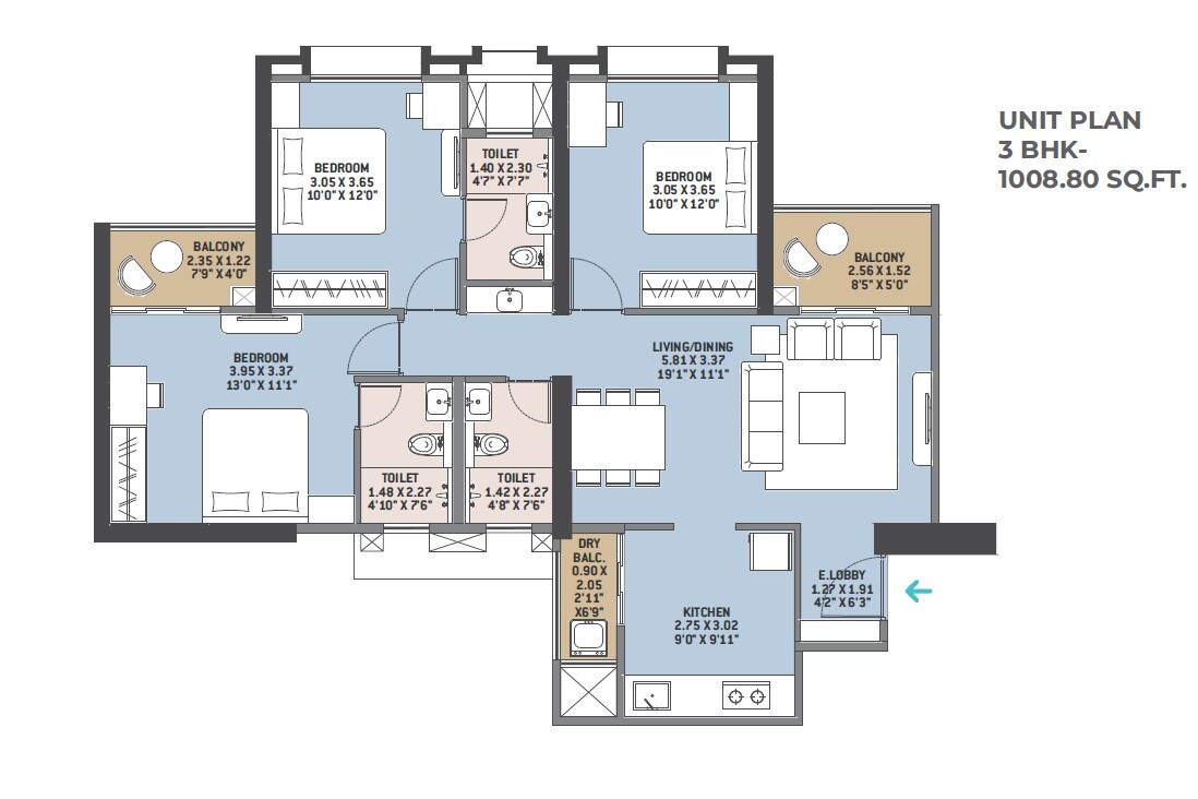 Floor plan of 3 BHK 1009 Sq. Ft. Apartment in VTP Aurelia, Pune