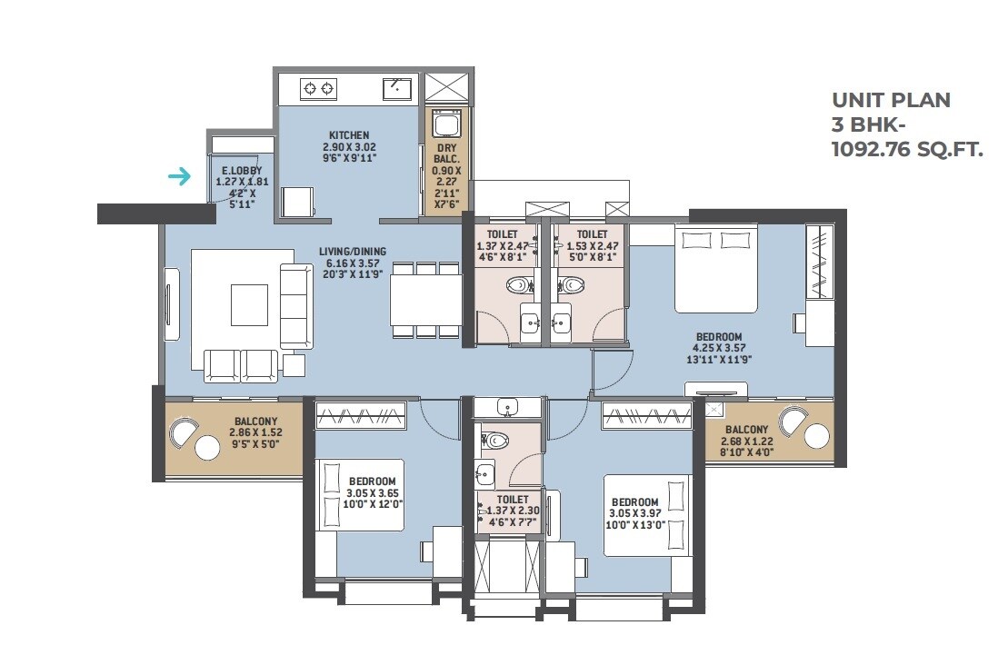 Floor plan of 3 BHK 1093 Sq. Ft. Apartment in VTP Aurelia, Pune