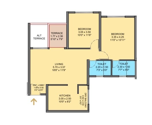 Floor plan of 2 BHK 708 Sq. Ft. Apartment in VTP Beaumonde, Pune