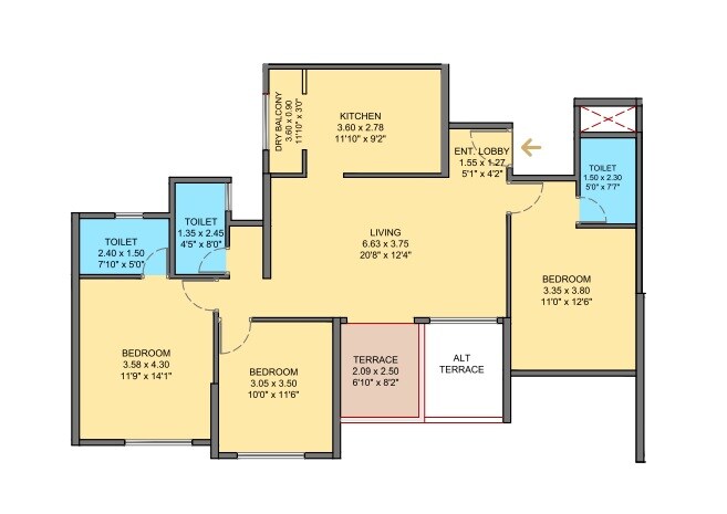 Floor plan of 3 BHK 1093 Sq. Ft. Apartment in VTP Beaumonde, Pune