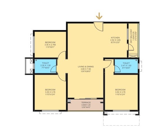 Floor plan of 3 BHK 869 Sq. Ft. Apartment in VTP Beaumonde, Pune