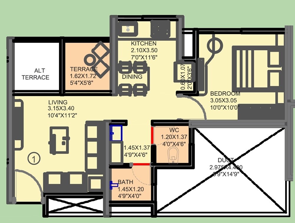 Floor plan of 1 BHK 423 Sq. Ft. Apartment in VTP Belair, Pune