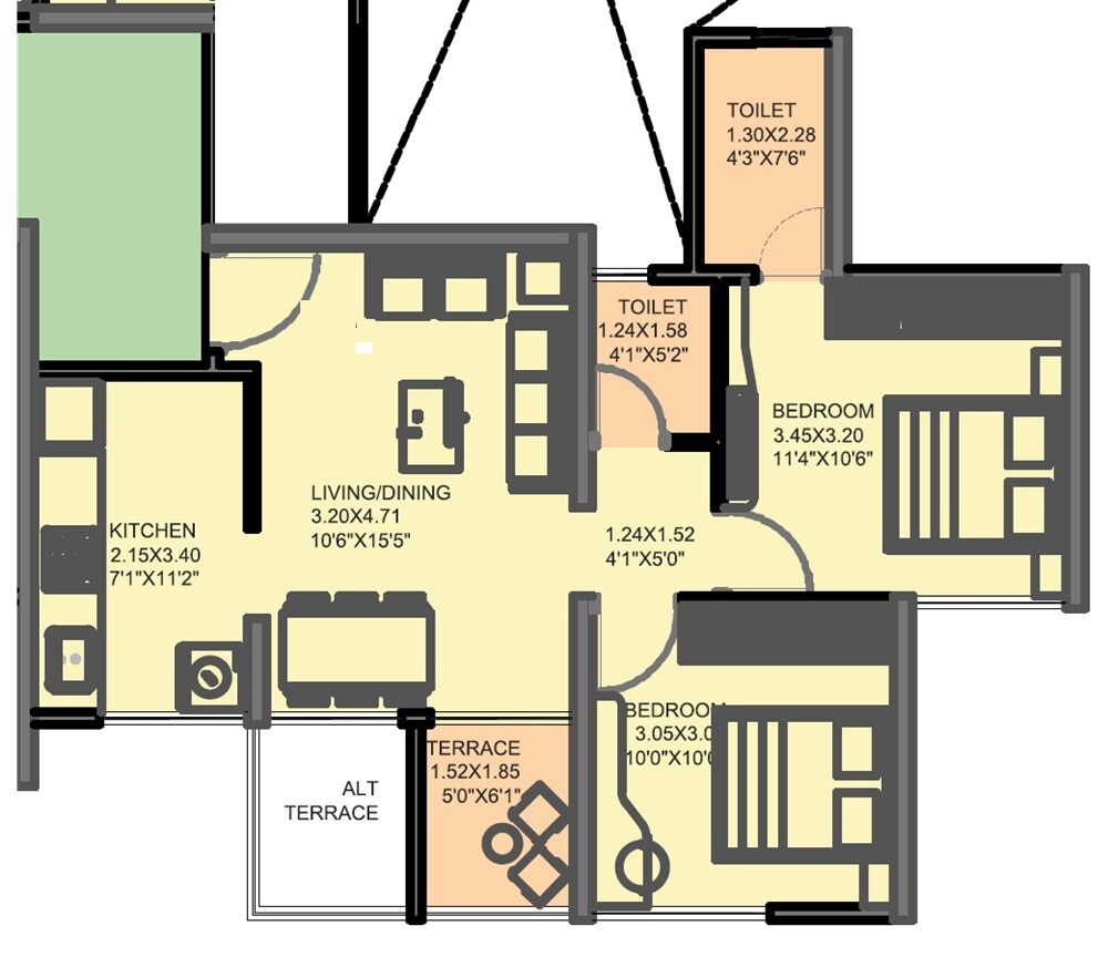 Floor plan of 2 BHK Apartment - 530 sq. ft. in VTP Belair E And F Building, Pune