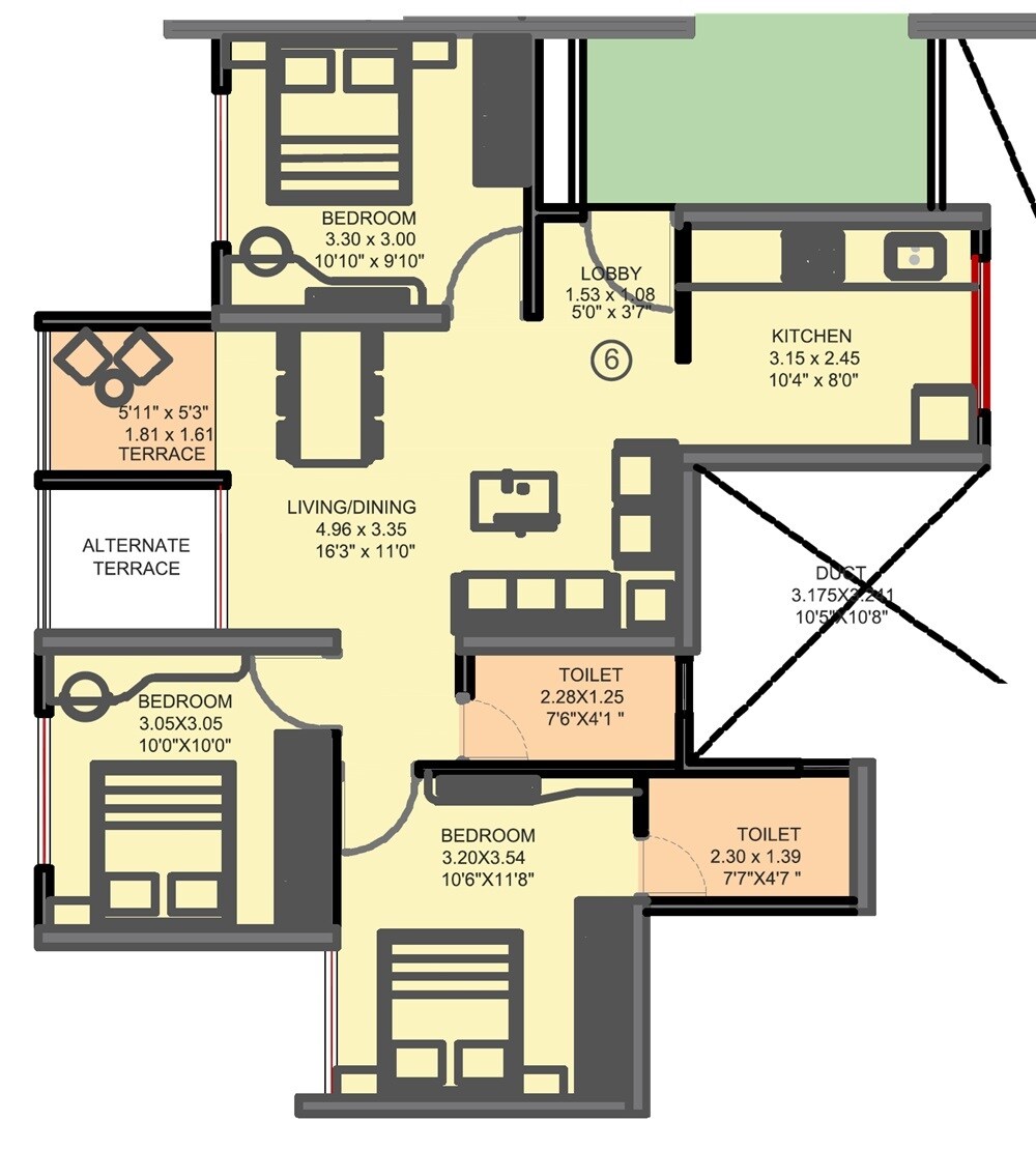 Floor plan of 3 BHK Apartment - 763 sq. ft. in VTP Belair E And F Building, Pune