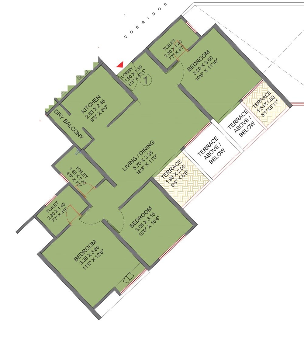 Floor plan of 3 BHK Apartment - 961 sq. ft. in VTP Belair E And F Building, Pune