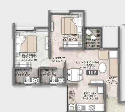 Floor plan of 2 BHK Apartment - 648 sq. ft. in VTP HiLife, Pune
