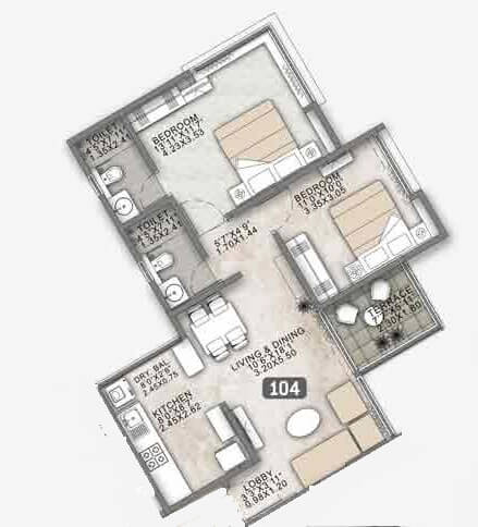Floor plan of 2 BHK Apartment - 751 sq. ft. in VTP HiLife, Pune