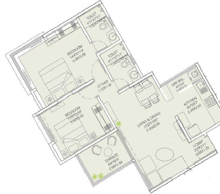 Floor plan of 2 BHK Apartment - 802 sq. ft. in VTP HiLife, Pune