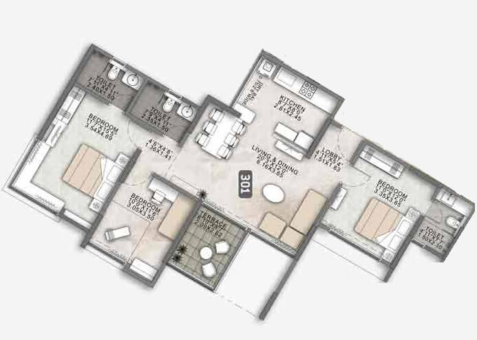 Floor plan of 3 BHK Apartment - 1068 sq. ft. in VTP HiLife, Pune