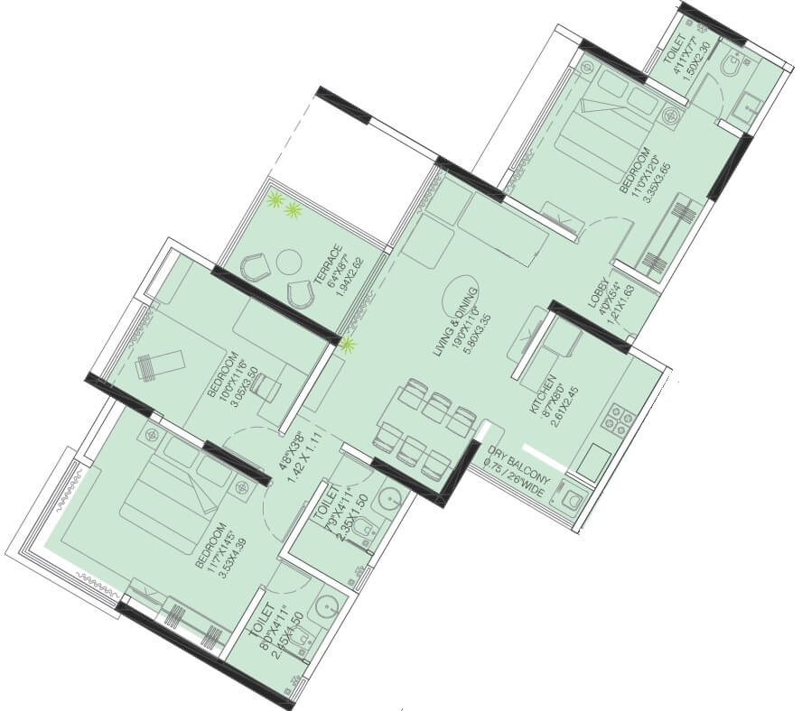 Floor plan of 3 BHK Apartment - 987 sq. ft. in VTP HiLife, Pune
