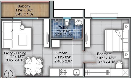 Floor plan of 1 BHK 415 Sq. Ft. Apartment in VTP One, Pune