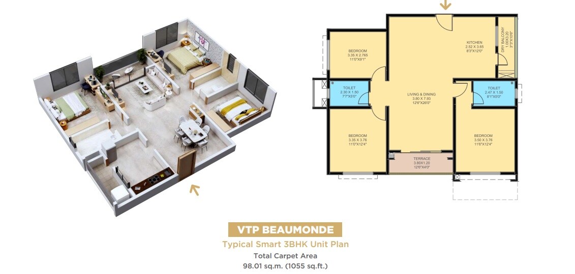Floor plan of 3 BHK 1328 Sq. Ft. Apartment in VTP Pegasus, Pune