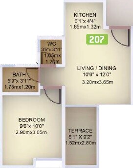 Floor plan of 1 BHK 366 Sq. Ft. Apartment in VTP Purvanchal, Pune
