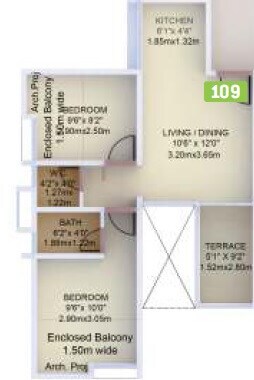 Floor plan of 2 BHK 488 Sq. Ft. Apartment in VTP Purvanchal, Pune