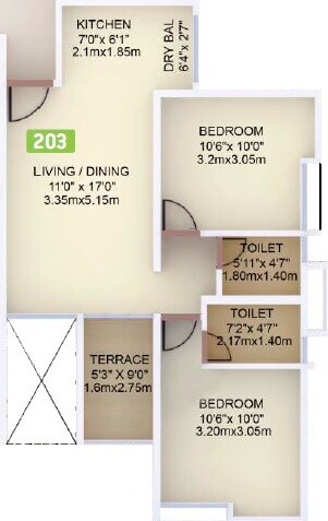 Floor plan of 2 BHK 466 Sq. Ft. Apartment in VTP Purvanchal, Pune