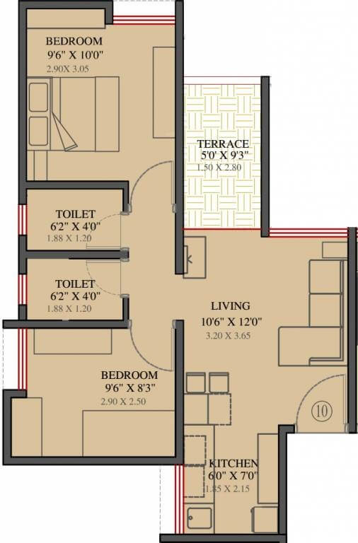 Floor plan of 2 BHK 487 Sq. Ft. Apartment in VTP Purvanchal, Pune